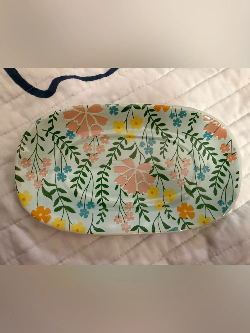 Floral Ceramic Butter Dish in White with Yellow, Pink & Aqua Flowers